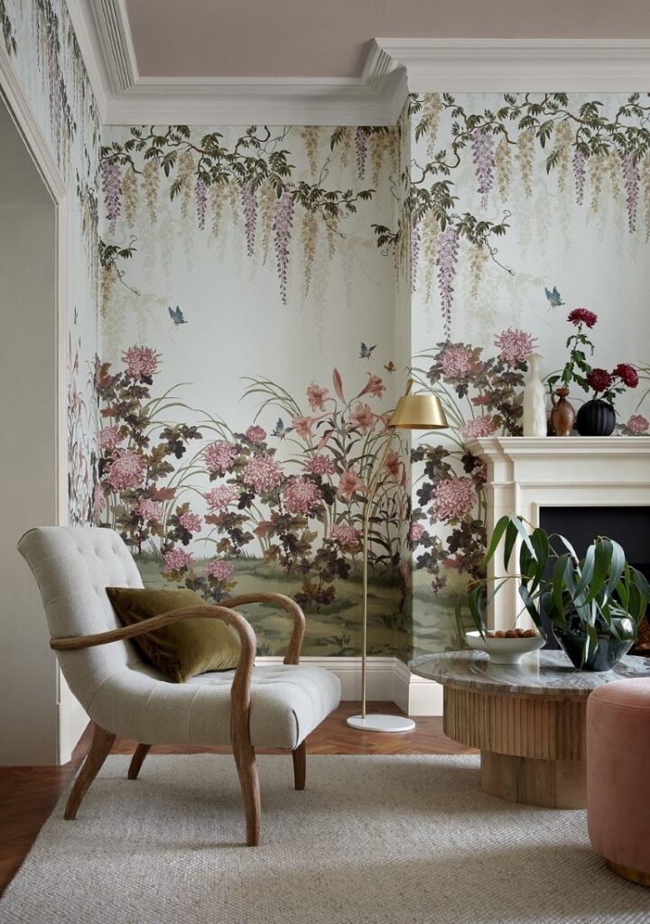 living room with floral wallpaper